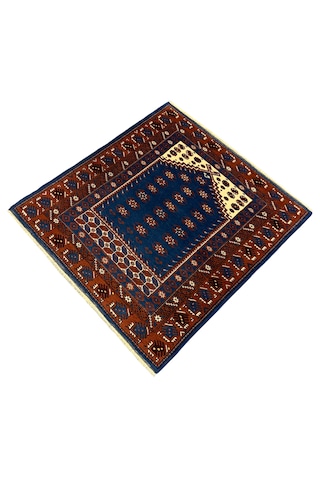 El Dokuma Sıfır Yağcıbedir Seccade 113x120 Mavi Kahve Kök Boya %100 Yün Namazlık