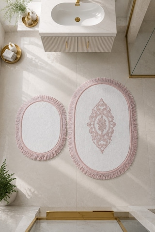 Pudra 2'li Dantelli Kaymaz Deri Tabanlı Oval Banyo Paspası Püsküllü Yıkanabilir Banyo Takımı Simela