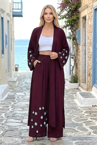 Veraura Lifestyle Bordo Mavi Boncuk Kimono Pantolon Takım