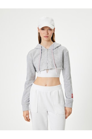 Koton Crop Spor Sweatshirt Kapüşonlu Fermuarlı Rahat Kesim Gri Melanj 4sak20019nk Gri Melanj