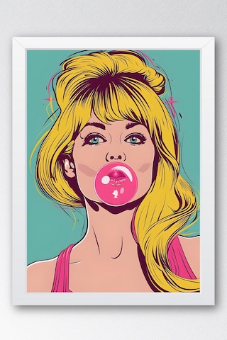 Balon Çiklet Şişiren Kadın Çerçeveli Tablo - Pop Art Poster Tablo