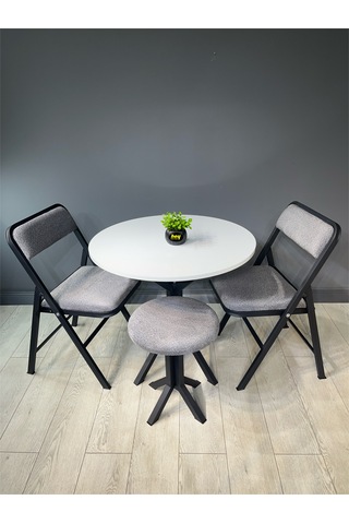 Tabure Gri Puffy Bukle Kumaş Puf Makyaj Masası Sandalyesi Metal