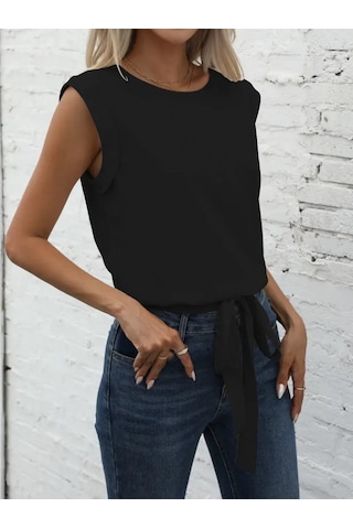 Ge Ticaret Kadın Sıfır Kol Etek Ucu Bağlama Detay Ithal Krep Bluz Siyah