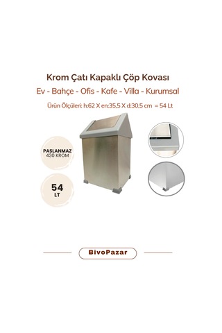 Krom Sallanır Çatı Kapaklı Çöp Kovası 54 Lt Krom