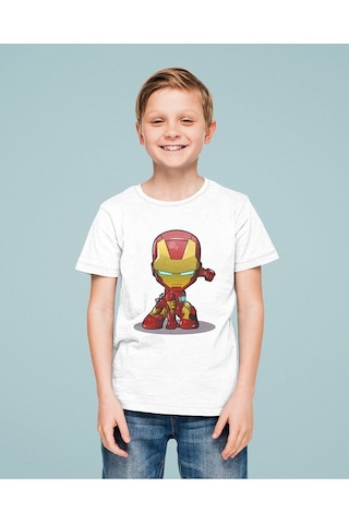 Sevbano Tasarım Ironman Demiradam Baskılı Unisex Film Kahramanı Çocuk Tiş Beyaz