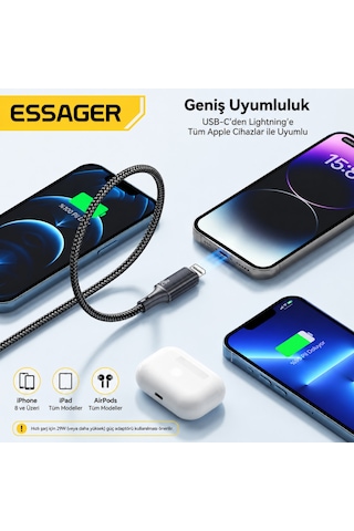 Essager 29w Usb-c To Lightning Hızlı Şarj Ve Data Kablosu 2 Metre Apple iPhone Uyumlu 480mbps Örgülü Desen - Ben10