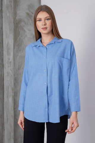 Paw Garage Kadın London Keten Tek Cepli Oversize Gömlek, Premium Kalite Keten Gömlek Mavi