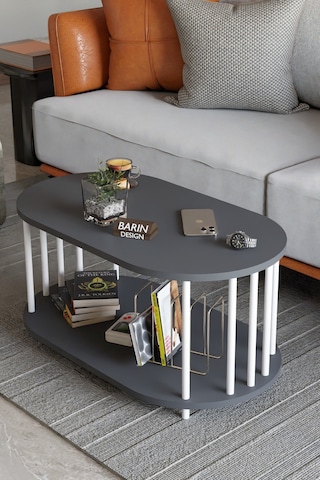 Modern Oval Orta Sehpa Çift Katlı Metal Ayaklı Salon, Ofis, Dekoratif Sehpa, Beyaz Demir Antrasit