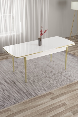 Canisa Nira Serisi 70x114 Mdf Açılabilir Beyaz Mutfak Masa Takımı 4 Gri Sandalye Gold Detay Beyaz Masa Gri Sandalye Gold Ayaklar