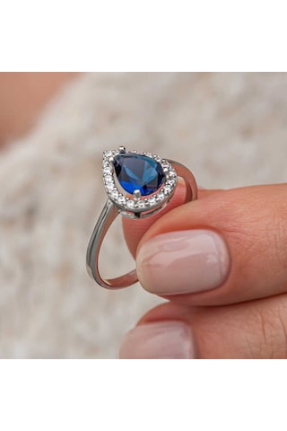Gümüş Damla Safir Taşlı Kadın Yüzük Sl12643 Gümüş