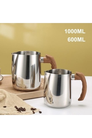 Novahub 600/1000 Ml Beyaz Paslanmaz Çelik Süt Köpürtme Sürahi Ahşap Saplı Fincan Kahve Espresso Cappuccino