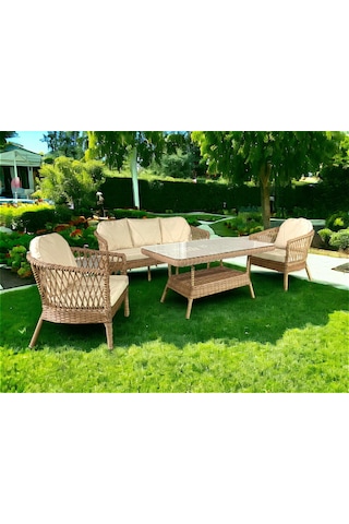Monalin Home Garden Miami 5 Kişilik 3-1-1-masa Rattan Örgü Bahçe & Balkon & Teras Oturma Grubu Minderli & Camlı & Masalı Takım Kahverengi