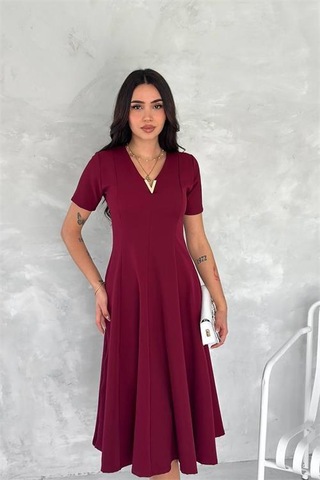 Dipmoda Kadın Esnek V-yaka Midi Boy Astarsız Elbise Dpk4179 Bordo