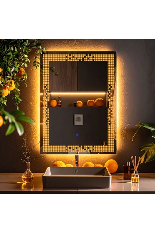 Solrae Amber Led'li Lazer Kumlamalı Lavabo & Banyo Aynası Dokunmatik Sensörlü 70 X 50 Turuncu