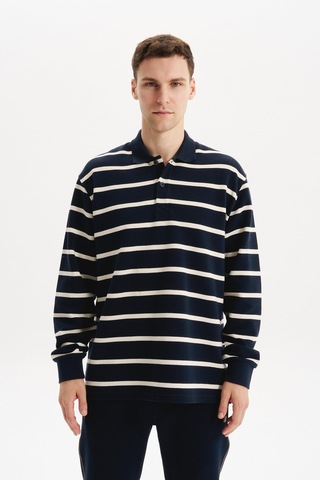 AR-MA Arma Erkek Büyük Beden Çizgili %100 Pamuk Ringel Ottoman Kumaş Polo Yaka Ribanalı Sweatshirt K30554801602 Lacivert