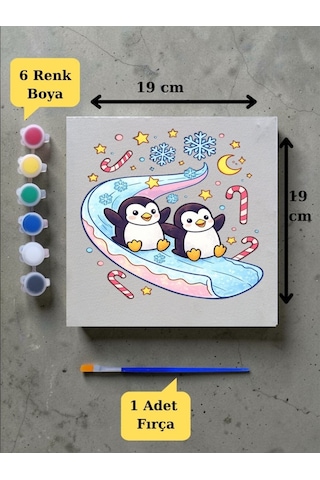 Tuval Boyama Aktivite Seti Sevimli Penguenler Baskılı 19x19 Cm Tuval, Fırça Ve 6 Renk Akrilik Boya Seti