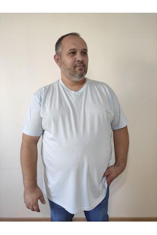 Big Nona Erkek Büyük Beden Unisex T-shirt V Yaka Buz Mavisi Buz Mavi