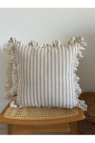 Yıkanmış Keten Bej Çizgili Bohem Fırfırlı Kırlent Kılıfı - Gri