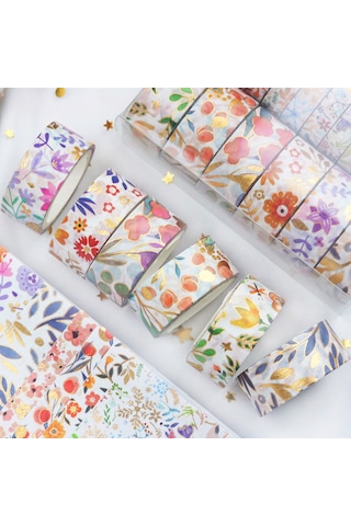Springsun 18 Rulo Altın Varaklı Çiçekli Washi Bant Seti Dıy, Scrapbook & Hediye Paketi İçin Botanik Desenler