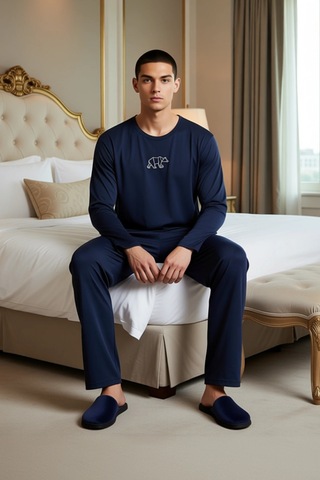Frm Büyük Beden Erkek Nakışlı Pijama Takımı Fonksiyonel Dayanıklı Kal Lacivert