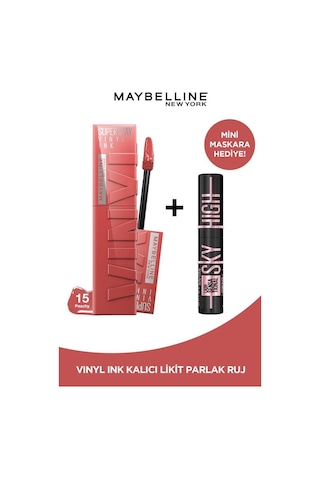 Maybelline New York Super Stay Vinyl Ink Uzun Süre Kalıcı Likit Ruj 15 Peachy + Sky High Cosmic Mini Maskara