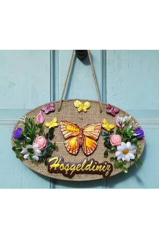 Jüt Hasır Zeminli "hoşgeldiniz" Kapı Süsü - Kelebek Ve Çiçek Motifli Dekoratif Askı 16x26 Cm