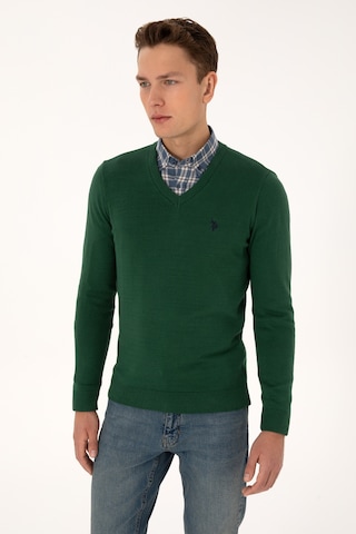 U.S. Polo Assn. Erkek Slim Fit V Yaka Koyu Yeşil Basic Triko Kazak 50313662-VR079