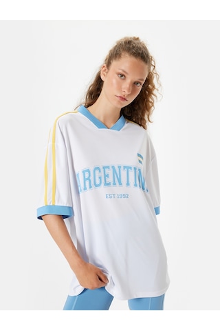 Koton Oversize Spor Tişört Slogan Baskılı V Yaka Biyeli Kısa Kollu Beyaz 4sak10256nk Beyaz