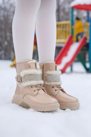 Günlük Kız Çocuk Rugan Bot Fermuarlı Lastik Bağcıklı Kürk Ve Taş Detaylı Kaymaz Taban Bootie 391 Bej-rugan