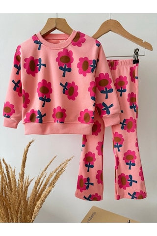 Magu Kız Çocuk Pamuklu Çiçek Desenli Pembe Sweatshirt Ve Tayt Takımı Çok Renkli