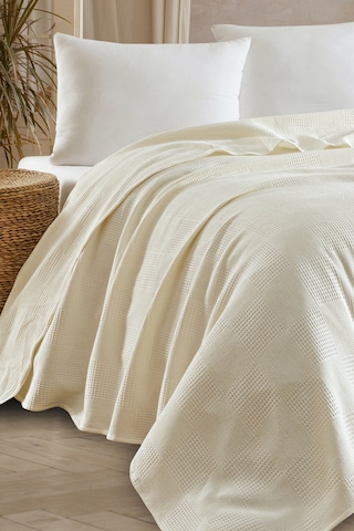 Tek Kişilik %100 Pamuk Pike Örtü 160x230 Cm Karo Desenli Krem Weave Serisi Krem