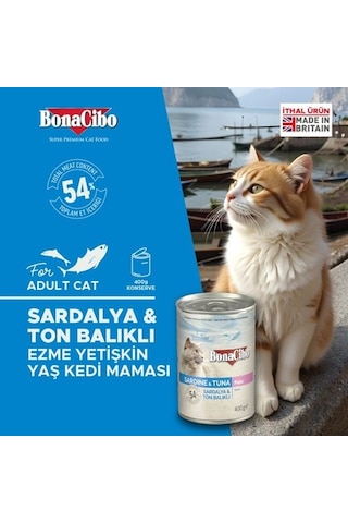 BonaCibo Ezme Sardalya ve Ton Balıklı Konserve Yetişkin Kedi Maması 6 x 400 G