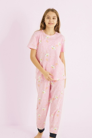 Siyah İnci Kız Çocuk %100 Pamuk Baskılı Bisiklet Yaka Pijama Takım25110057 Pembe