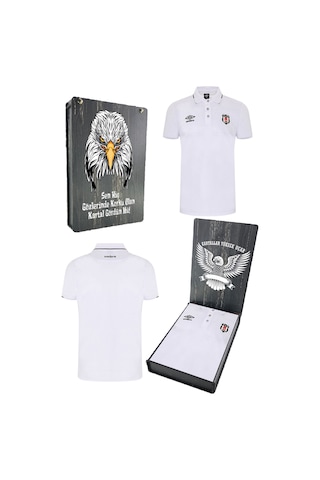 Beşiktaş Orijinal Lisanslı Polo Yaka Beyaz T-shirt Bjk Kartal Baskılı Hediyelik Ahşap Kutulu Beyaz