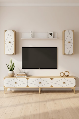 Tvr1897dbg - Alfa Tvr180 Tv Ünitesi Takım , Tv Sehpası Safirmeşe - Beyaz - Gold 180cm