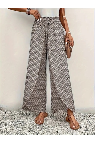 The İstanbul Kadın Yüksek Bel Lastikli Önden Iki Parçalı Desenli Bürümcük Pantolon Bej