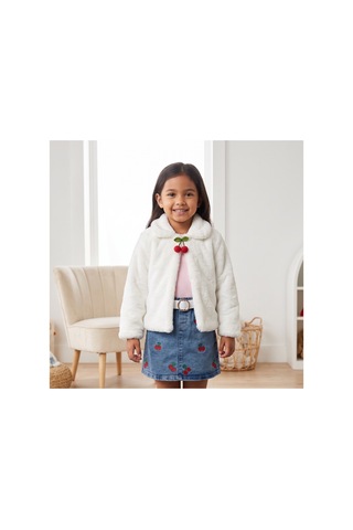 Deniva Kids Kız Çocuk Kiraz Nakışlı Kot Etekli Peluş Hırka Ve Fitilli Sweatshirt 3'lü Takım Beyaz