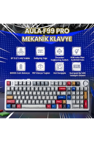 Aula F99 Pro 3 Modlu Rgb Hot Swap Mekanik Star Vector Switch Kablosuz Makrolu Klavye Comic