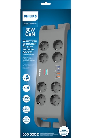 Philips Spn8180ga Akım Korumalı Priz 8'li + 2x Usb-a 18w + 2x Usb-c 20w - 2m Kablo - Siyah 2 m