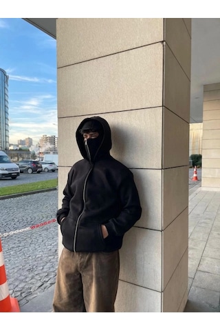 Efnaz Style Samuray Ninja Çift Kapşonlu Zıp Fermuarlı Kanguru Çepli Tam Fermuarlı Hoodie Swetshirt - Siyah