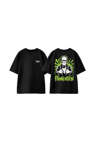 Thewert Start Drınkınng Frankenstein Tasarım Sırt Baskılı Pamuk Siyah Oversize T-shirt