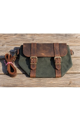 Hemlabel Hakiki Deri Detaylı Kanvas Bel Çantası Vintage Outdoor Kamp Edc Günlük Kullanım Çantası Yeşil-kahverengi