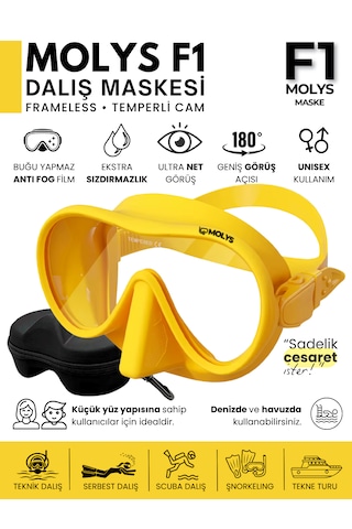 Molys F1 Pro Dalış Maskesi + Antı Fog Buğu Önleyici Film + Dalış Maskesi Kutusu Küçük Yüz Yapısı İçin İdeal Sarı