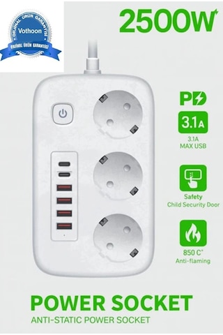 Akım Korumalı Priz Ve Masaüstü Şarj İstasyonu Kablosuz 3 Priz ,4 Usb, 2 Type-c Girişli 2 Metre 2 M