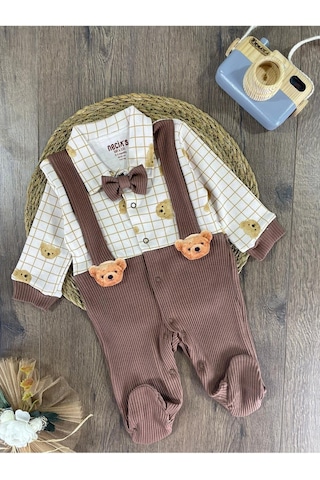 Bebicix Kaşkorse Esnek Papyonlu Ayıcık Figürlü Patikli Çıtçıtlı Erkek Bebek Tulum Kahverengi