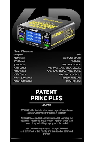 Mechanic F-power 6p 87w 6 Port Pd45w Qc3.0 Usb Hızlı Şarj İstasyonu Lcd Göstergeli