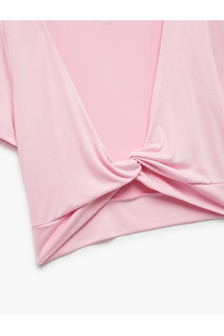Koton V Yaka Kısa Kollu Bağlama Detaylı Rahat Kalıp Crop Spor Tişört Açık Pembe 5sak10264nk Pembe