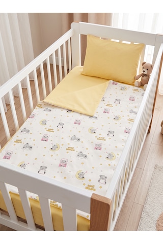 %100 Pamuklu Sweet Dreams Sevimli Koala Desenli 3 Parça Bebek Nevresim Takımı - Sarı 3'lü Bebek Uyku Seti Beyaz - Sarı