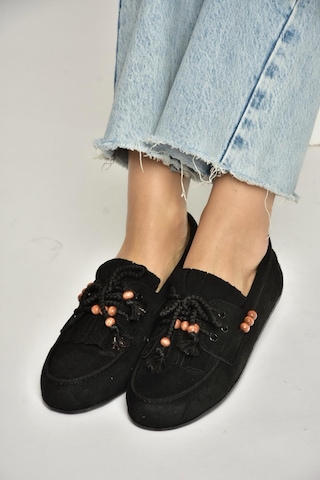 Fox Shoes Y602426202 Siyah Süet Boncuk Detaylı Günlük Kadın Ayakkabı Siyah
