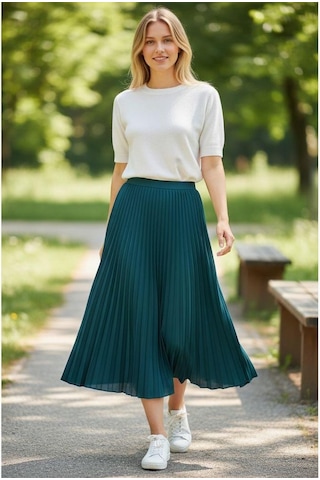 Eren Style Pileli Pamuklu Diyagona Beli Lastikli Etek 95 Cm - 38-50 Petrol Mavisi
